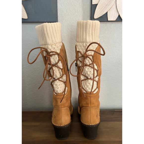 UGG Women's Skylair Wedge Boots Tan Leather Zip Lace Up Knit Sweater Size 6 - Picture 4 of 7